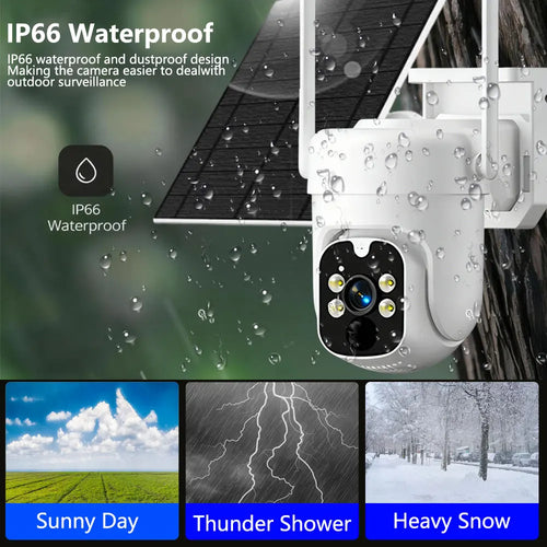White outdoor solar PTZ security camera with raindrops and two antennas