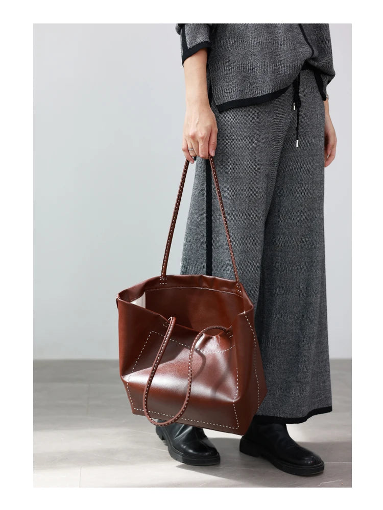 Women Large Capacity Genuine Leather Tote Soft Shoulder Bag