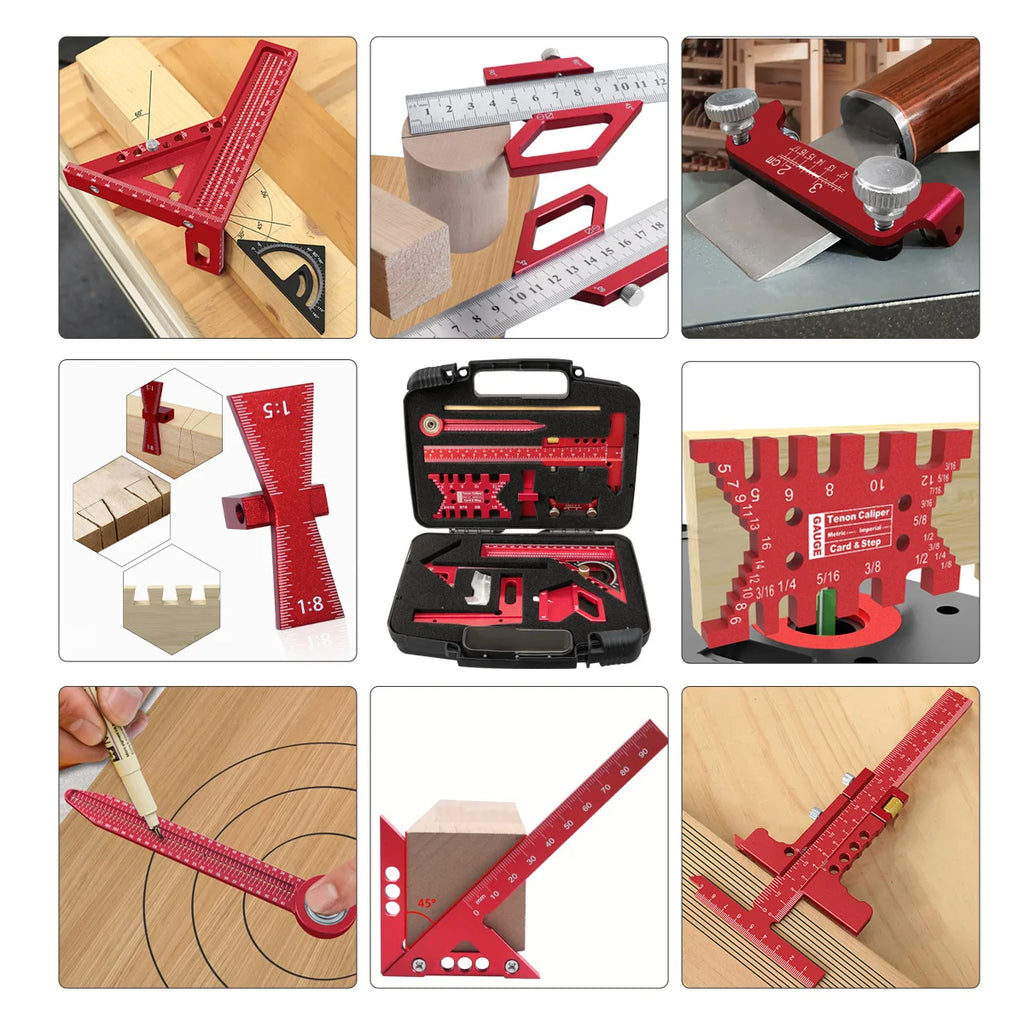 9Pcs Woodworking Square Kit with Box, Aluminum Scribeing Ruler,Center Finder,Circular Drawing Compass,Honing Guide,Height Gauge