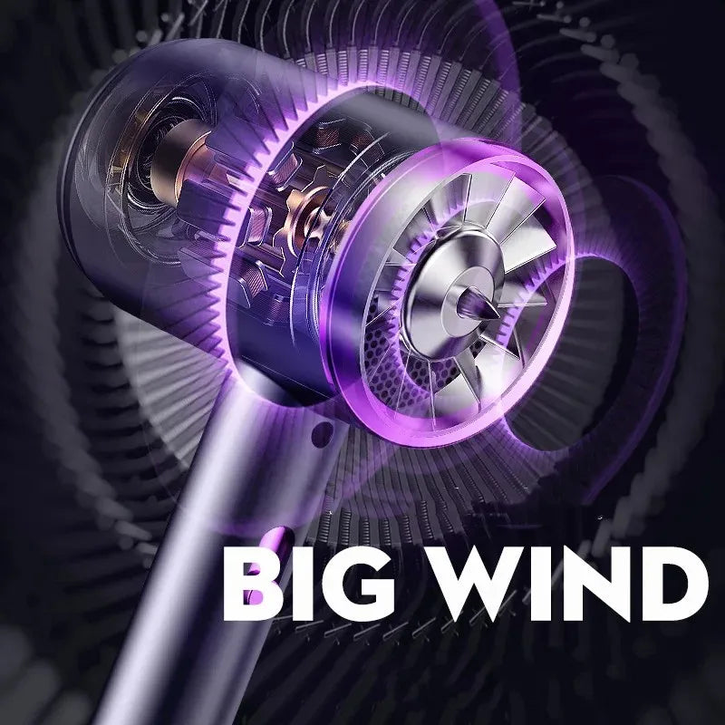Professional high-speed hair dryer with a powerful internal motor and violet glow, designed for rapid, silent drying.