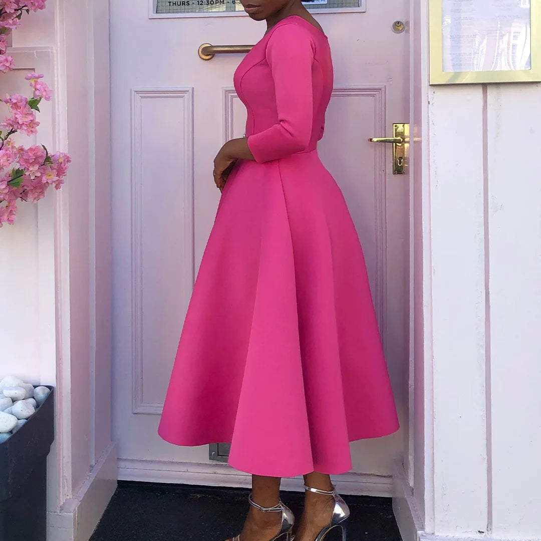 Elegant Pure Color Maxi Dress Evening Gown A- Line Skirt Polyester Fabric round Neck Short Sleeve High Waist Midi Dress