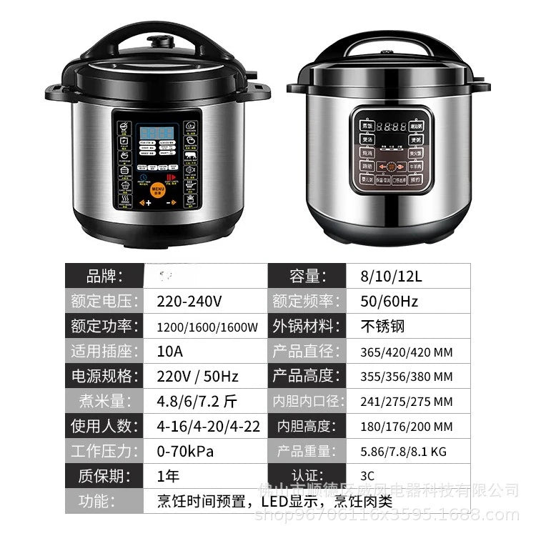 Electric pressure cooker rice cooker in stainless steel, shown from two angled views with display.