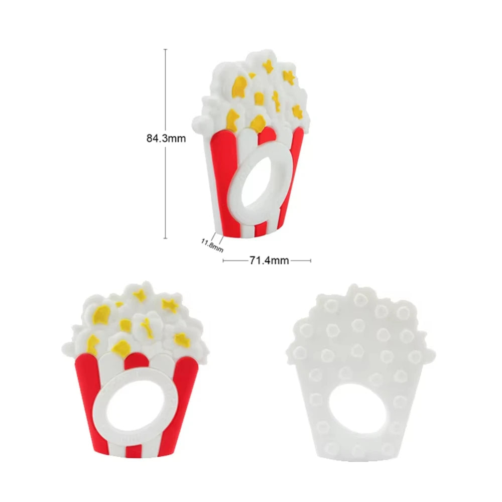 Popcorn silicone teething ring in red, white, and yellow for baby teething relief.