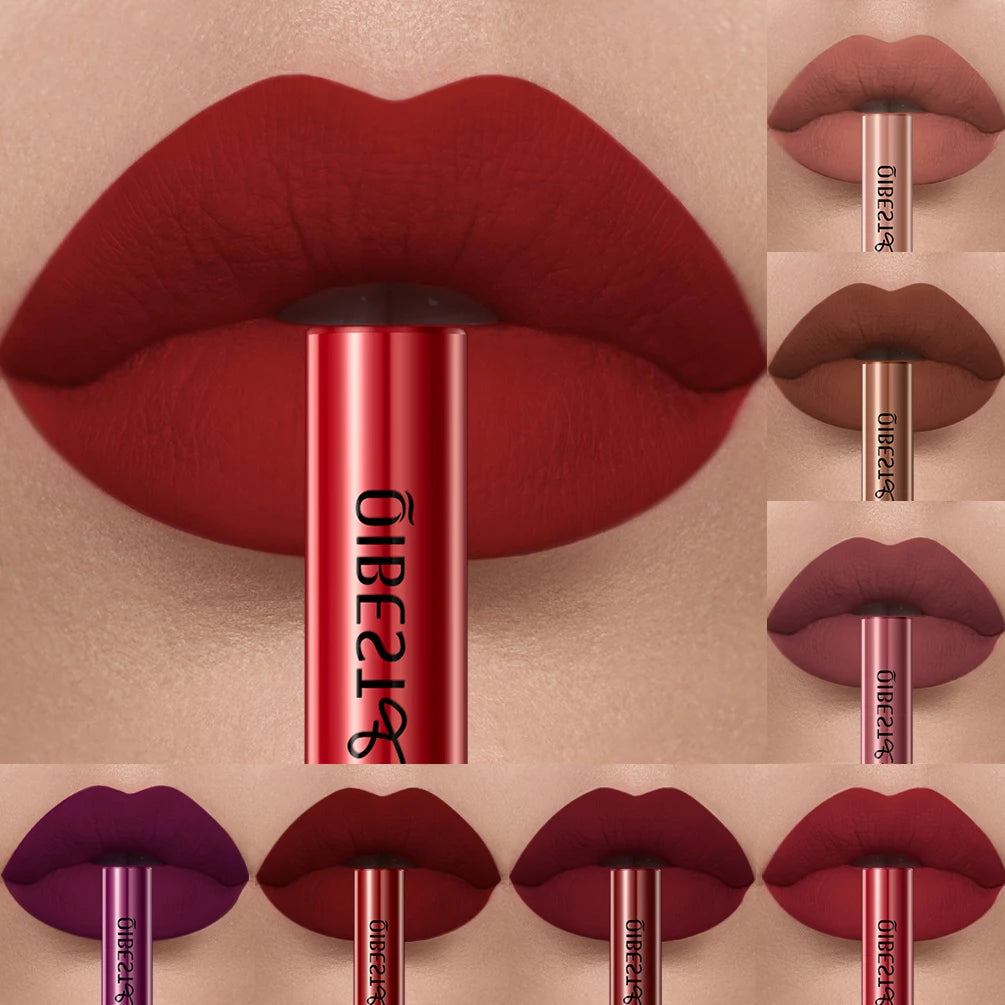 Long-lasting matte liquid lipstick in various red and nude velvet shades, showing smooth, nonstick lip stain finish.
