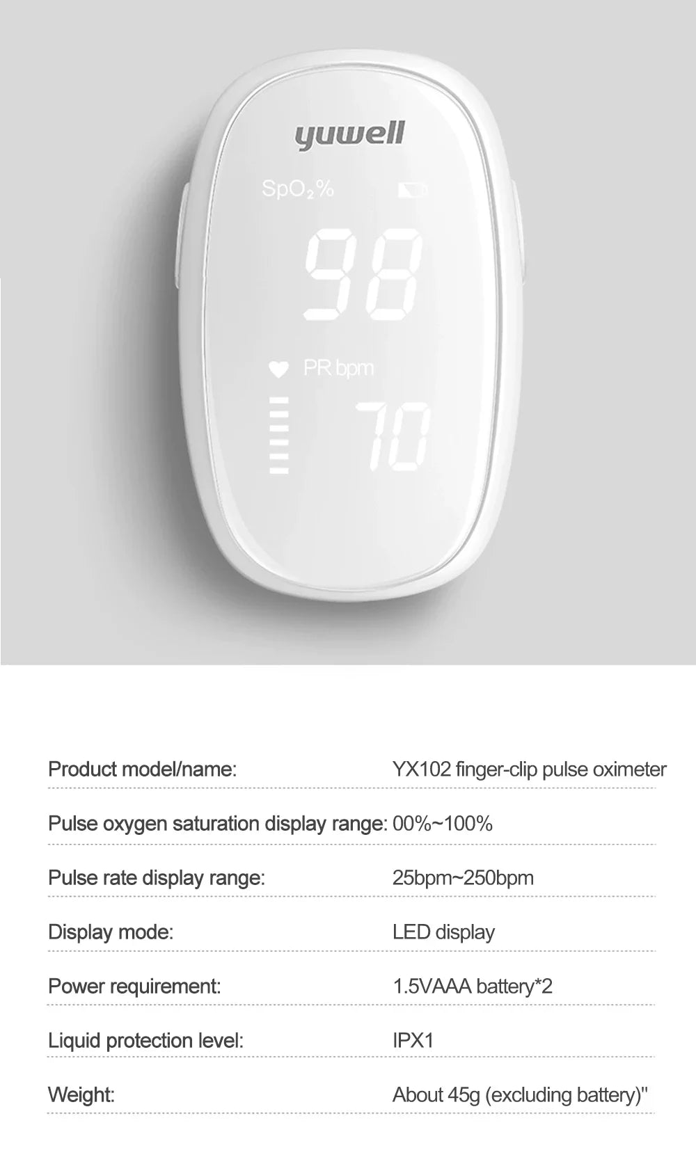 Yuwell Finger Clip Pulse Oximeter LED Screen Blood Oxygen Saturation Monitor Automatic Measurement Finger Clip Pulse Oximeter