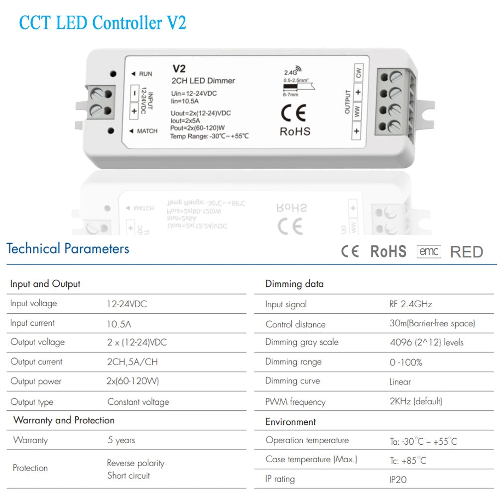 5M 10M 20M COB CCT LED Strip 24V Flexible High Density Dimmable Room Light 2.4G RF Touch Remote Control Dual White 2700K-6500K