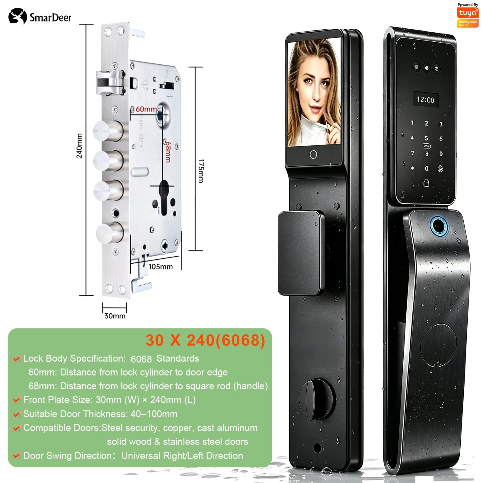 SmarDeer IP66 Outdoor Waterproof Smart Lock,3D Facial & Palm Vein Recognition Lock,Tuya WiFi Keyless Entry Security Lock