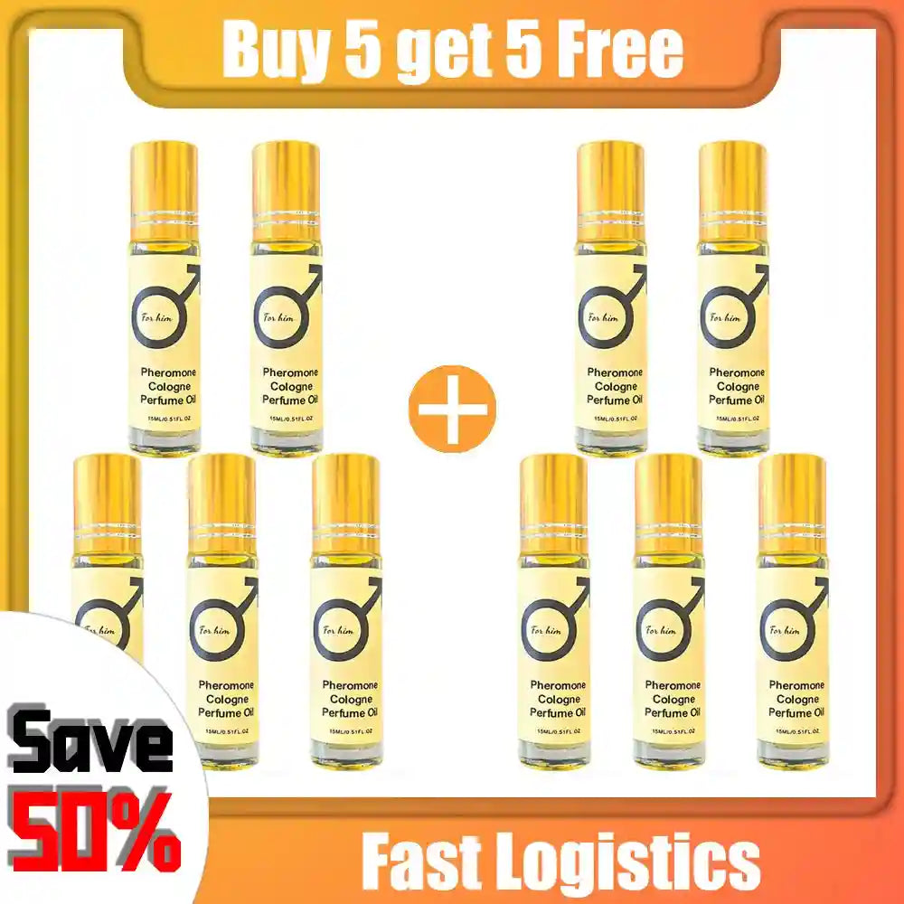Pheromone Cologne Perfume Oil for men: 10 travel-size roll-on bottles with gold caps for a romantic, lasting scent.