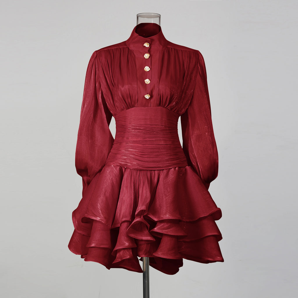 VGH Beach Style Solid Casual Short Dresses For Women Stand Collar Long Sleeve High Waist Spliced Button Chic Dress Female New