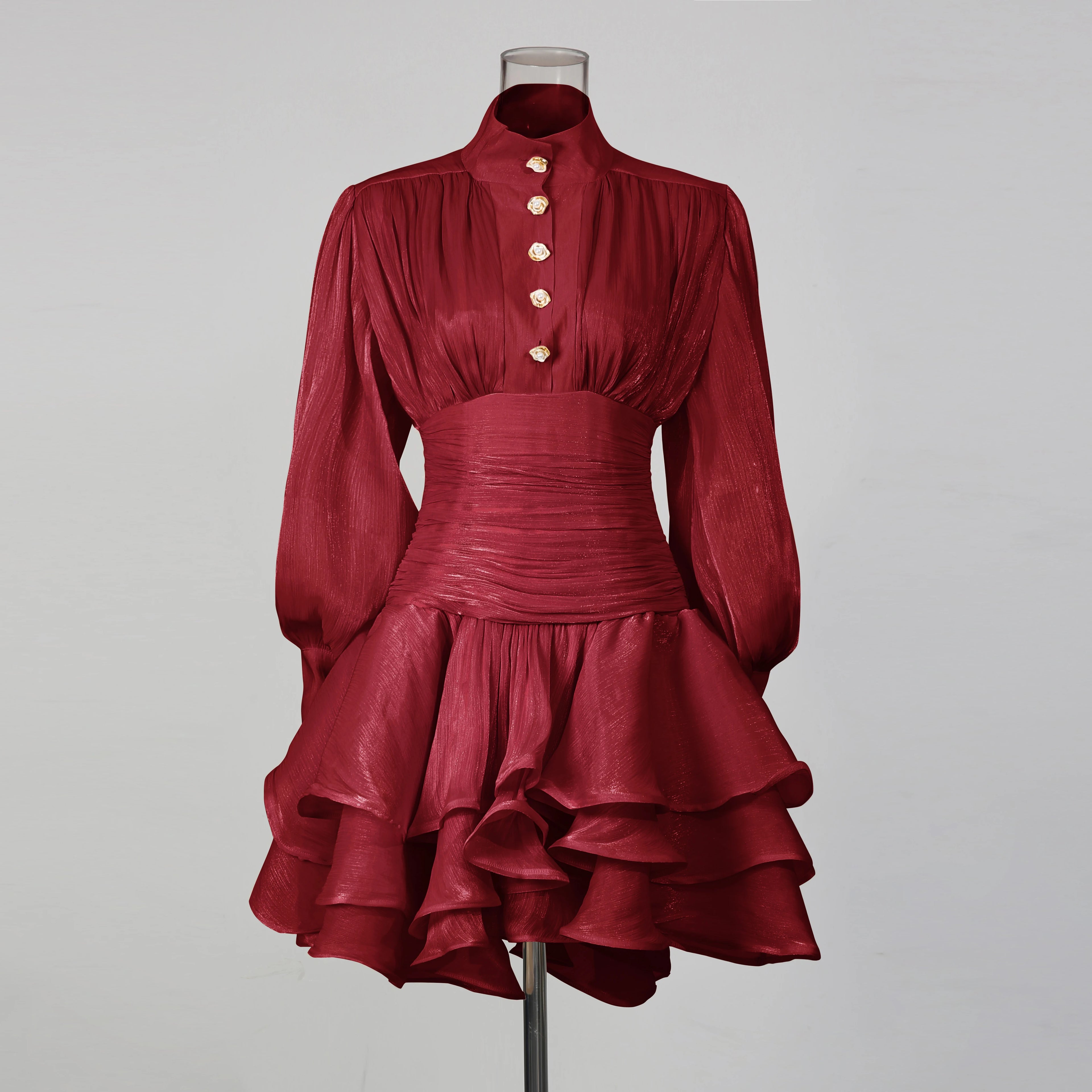 VGH Beach Style Solid Casual Short Dresses For Women Stand Collar Long Sleeve High Waist Spliced Button Chic Dress Female New