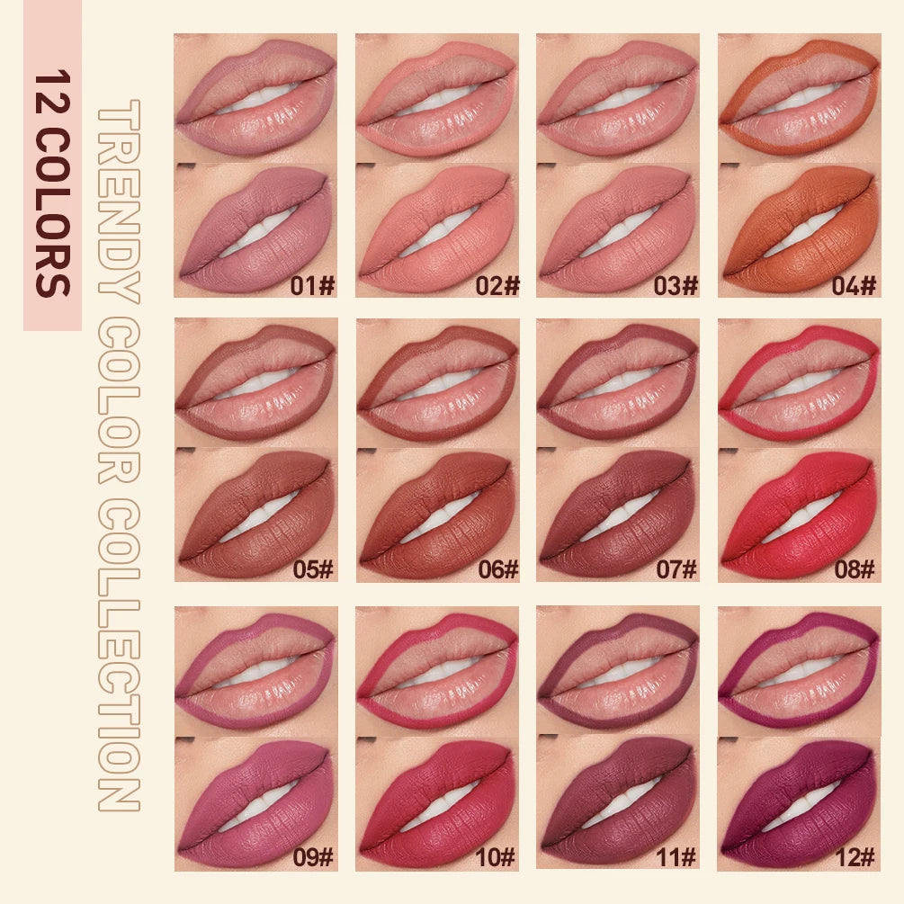 QIBEST 12-color matte velvet lip liner and lipstick set showing diverse nude, red, and berry lip makeup swatches.