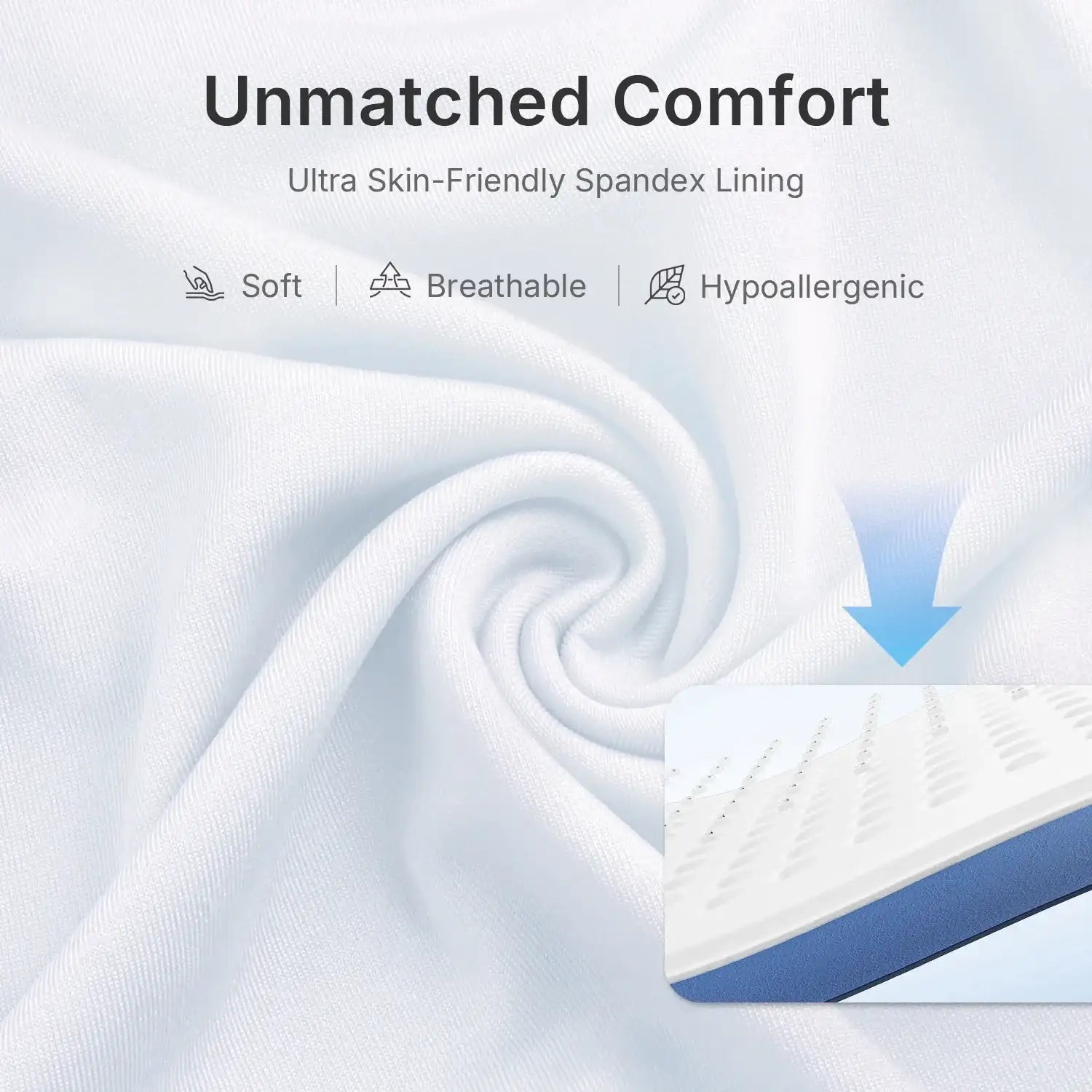 White, soft, breathable spandex fabric background with a close-up inset of a blue and white LED therapy mask panel.