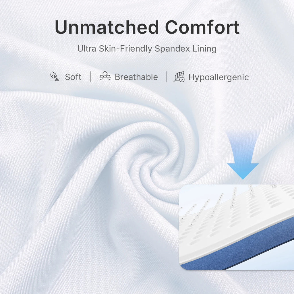 White, soft, breathable spandex fabric background with a close-up inset of an LED light mask's inner surface.