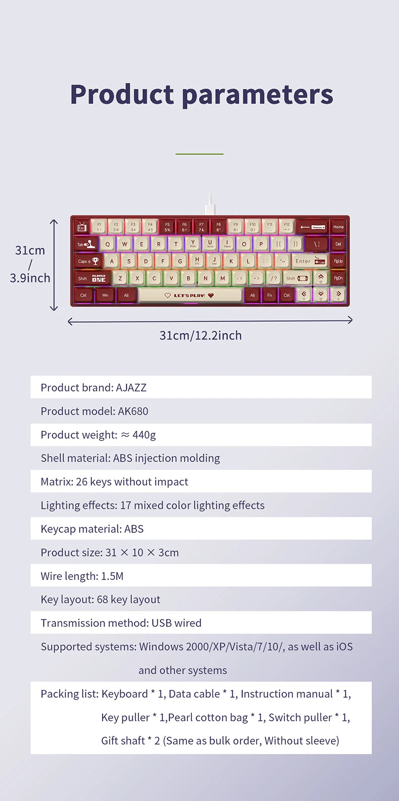 AJAZZ AK680 65% Wired Gaming Mechanical Keyboard Hot Swap Mini Keyboard Custom Keycap Gasket for Pc Laptop