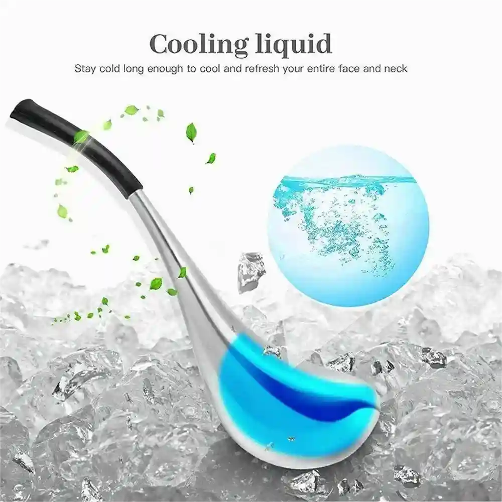 Stainless steel cooling facial massage stick with a blue liquid core, resting on ice with a magnifying water bubble.