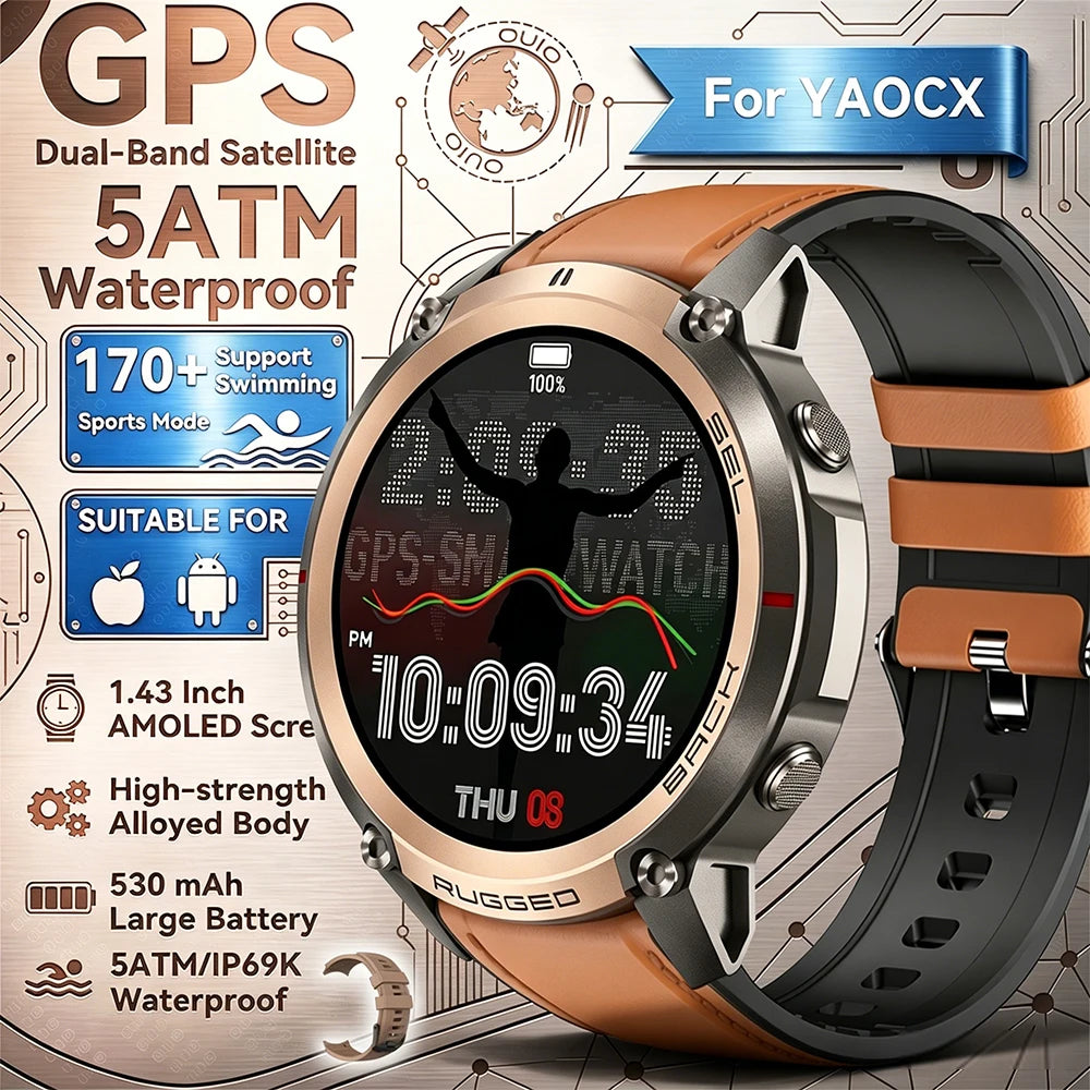 2026 New Outdoor GPS Smart Watch Map Compass Navigation 5ATM Waterproof Bluetooth Call 100+Sport Mode Men AMOLED HD Smart Watch