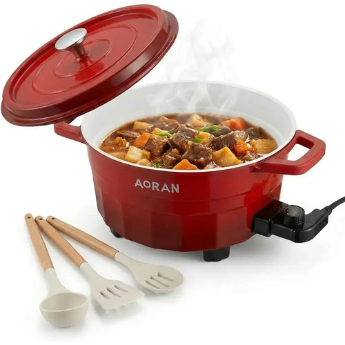 Red electric hot pot cooker with lid, side handles, and wooden utensils set