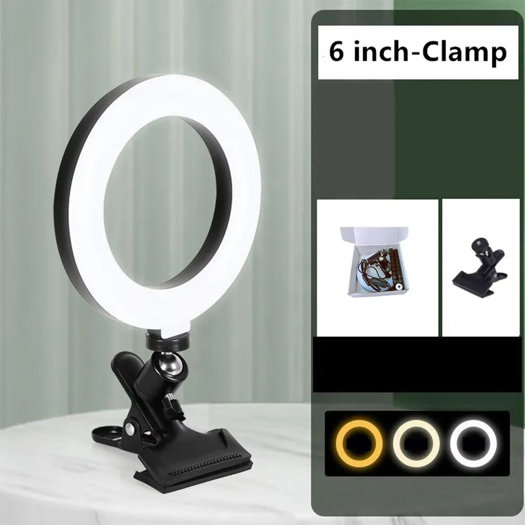 6-inch LED ring light with a black adjustable clamp mount for desk use, featuring multiple color temperature settings.
