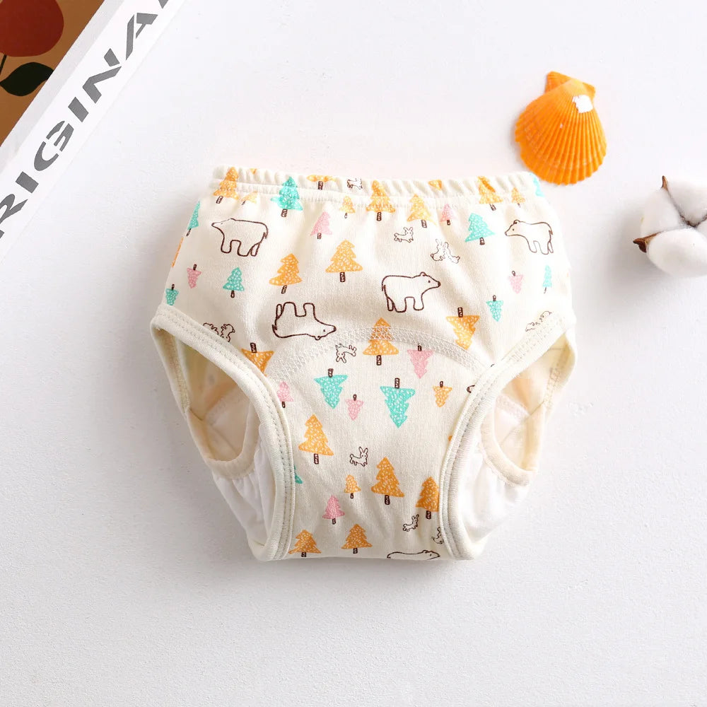 Baby care training diaper with cute bear and pine tree print for toddlers.