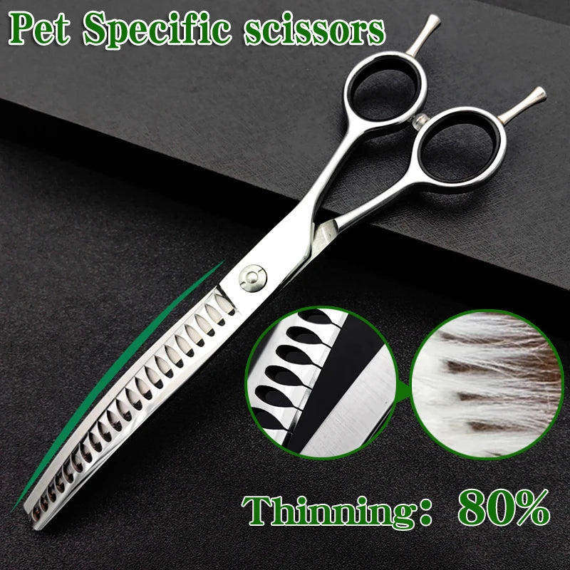 7-inch curved dog grooming thinning shears with fishbone teeth for professional pet hair trimming and blending.