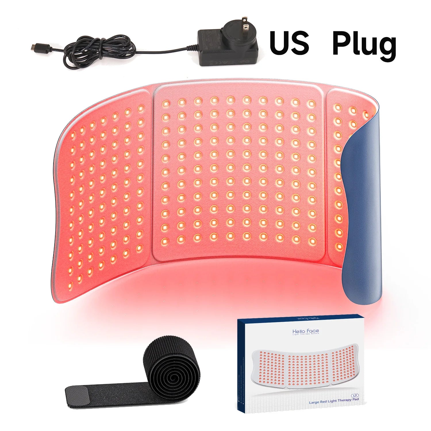 Large, flexible red light therapy mat with many LED bulbs, US power cord, velcro strap, and product box.