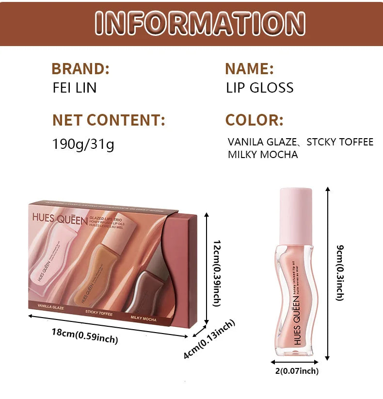 Fei Lin 3-color moisturizing lip gloss set in Vanila Glaze, Sticky Toffee, and Milky Mocha hydrating lip tint shades.