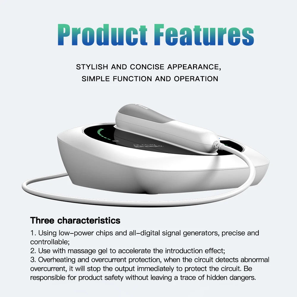 White 1MHz ultrasonic physiotherapy device for muscle and joint pain relief with digital display and handheld probe.