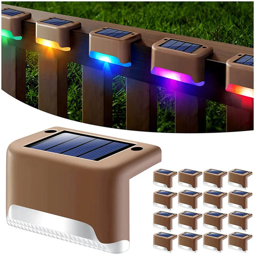 Solar deck step lights set with brown housings and solar panels, showing multicolor glow