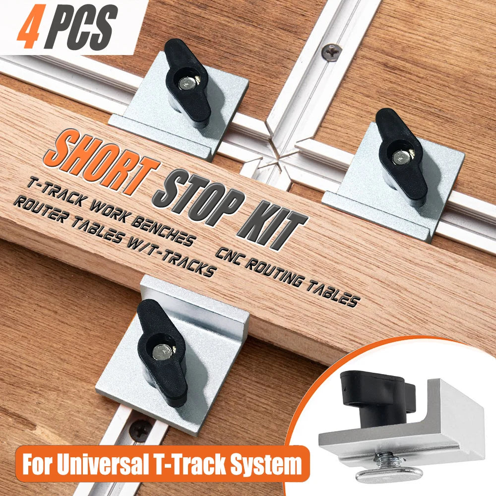 4 Pcs Silver Short Stop Kit with Knobs T Track Stop Block for T-Track Woodworking Sanding and Routing