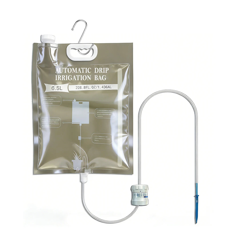 Automatic drip irrigation watering bag with hanging hook, tubing, and one blue drip stake
