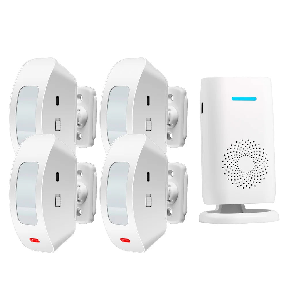 Wireless doorbell chime kit with four white doorbell transmitters and plug-in chime receiver