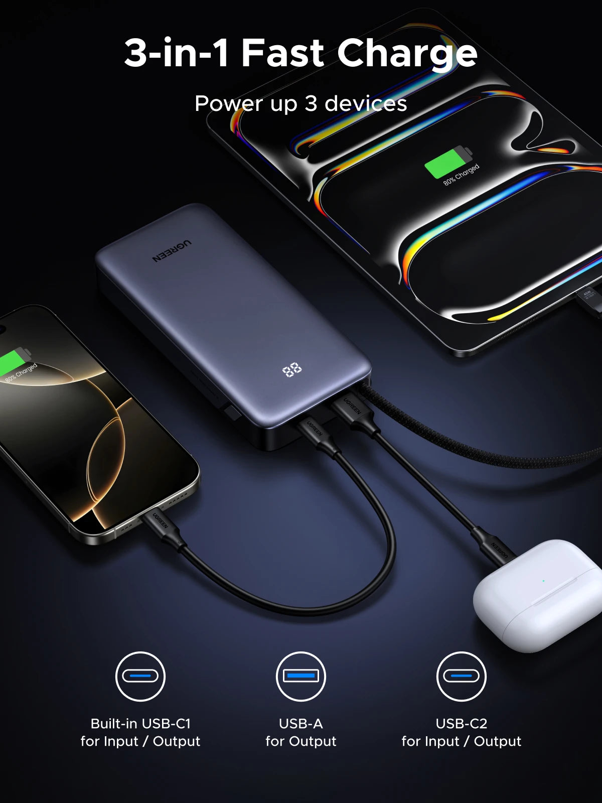 20000mAh Fast Charging Power Bank 45W with Integrated USB-C Cable Tidesmit