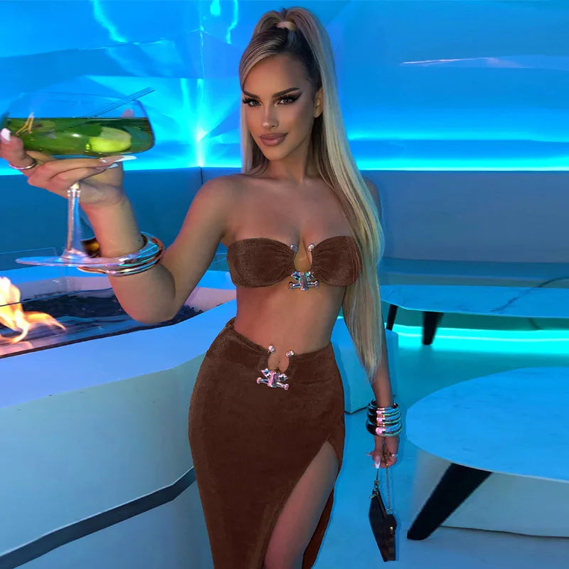 Velvet Sexy Strapless Crop Tube Top High Waist Slit Maxi Dress 2 Pcs Suits 2024 Fall Women Fashion Streetwear Vestido