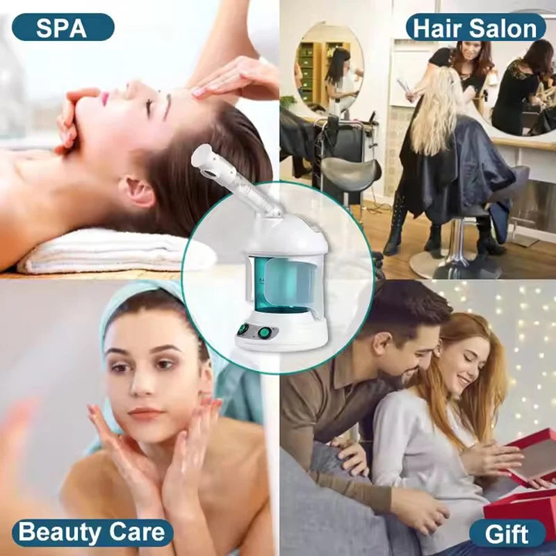 White professional nano ionic facial steamer for deep pore cleansing, spa, and home skincare beauty treatments.