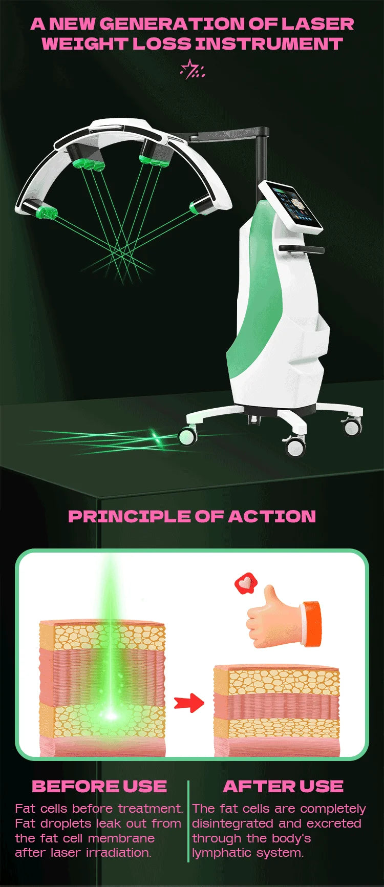 Standing LLLT laser weight loss machine with green light therapy beams for painless fat reduction and body contouring.