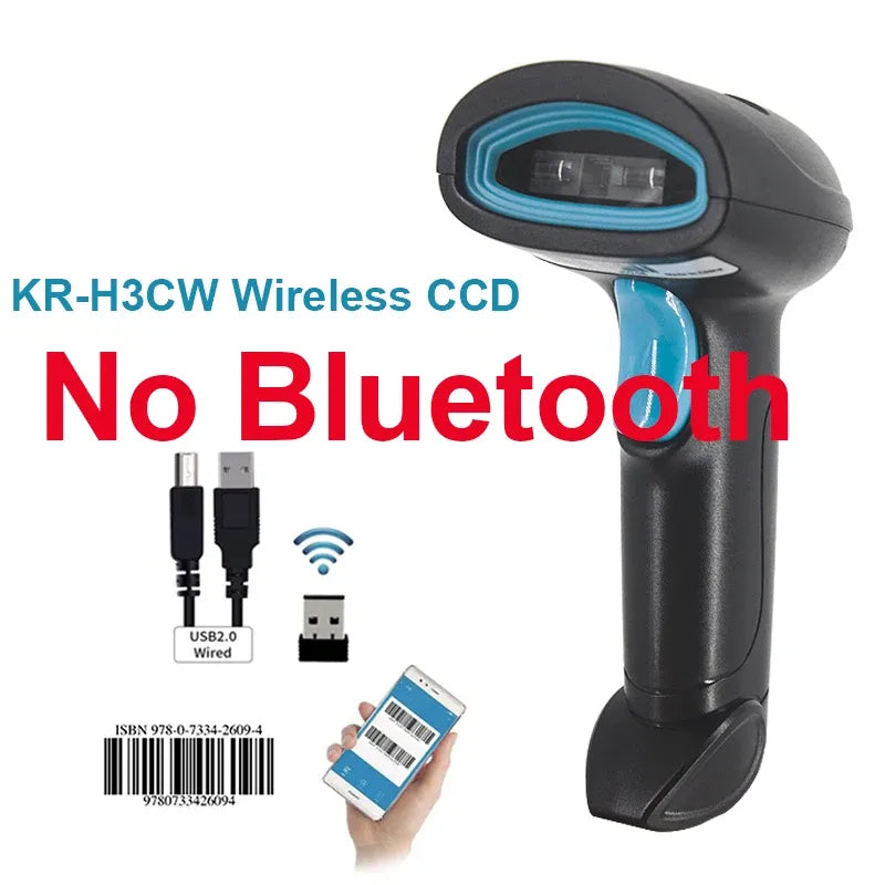 Black wireless CCD handheld barcode scanner with blue trigger and scan window