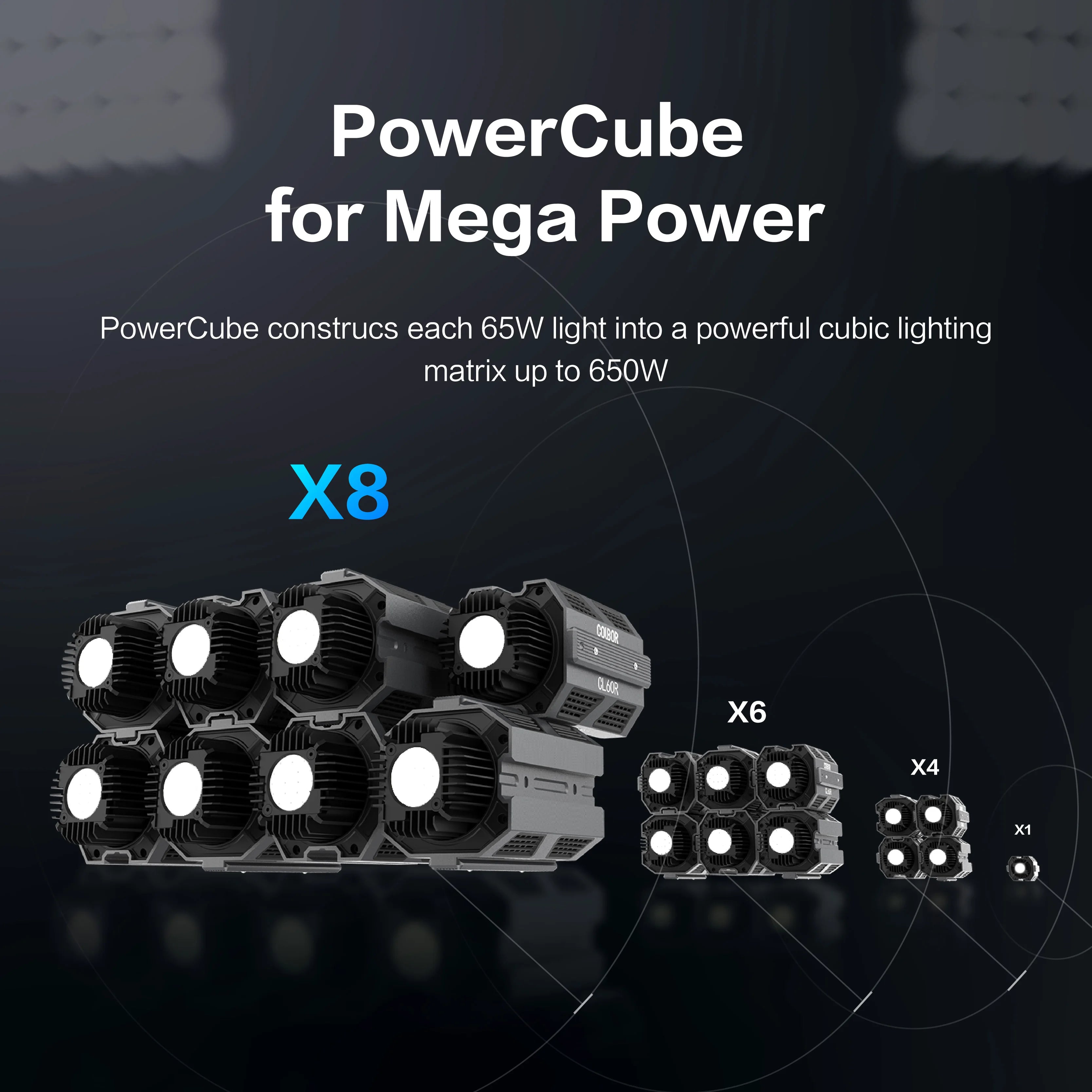 PowerCube modular 65W LED lights in black, shown in cubic configurations from 1 to 8 units for scalable lighting.