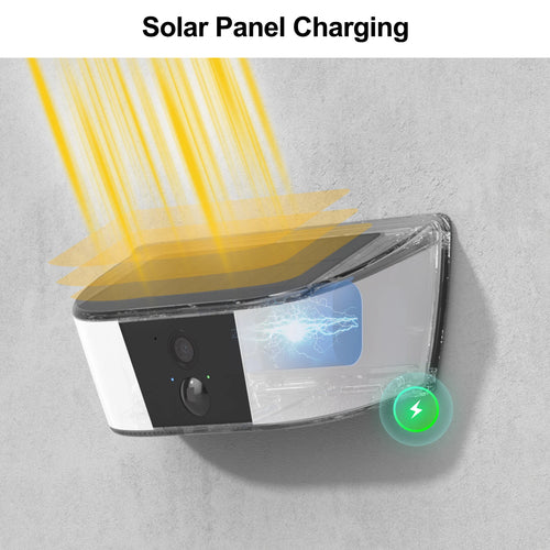 Solar wall light security camera charging on wall, front panel with lens and indicator