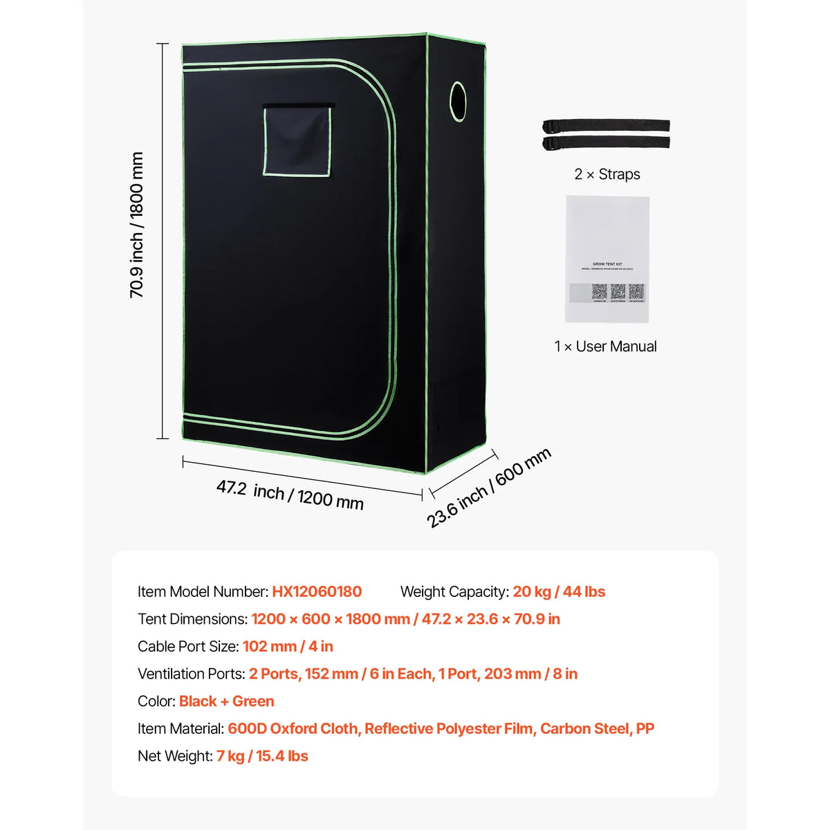 Indoor grow tent, black with green trim, ventilation ports, 1200x600x1800mm
