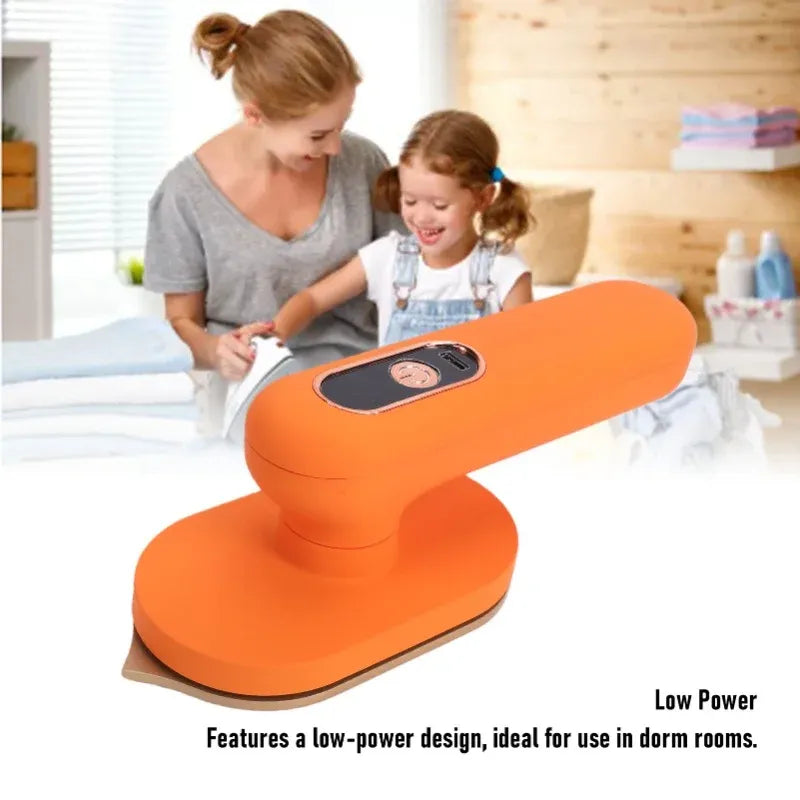 Portable garment steamer and iron in bright orange, ideal for dorm rooms and travel, with a woman and child ironing.