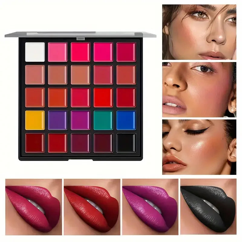 25-color waterproof lipstick palette featuring long-lasting, creamy pigments for versatile professional lip makeup looks.