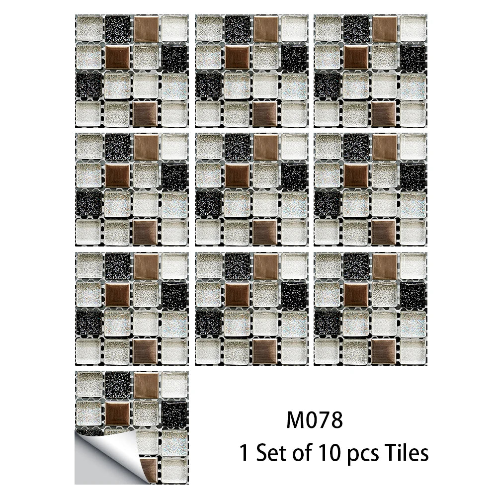 10pcs Flat Mosaic Style Tiles Sticker Kitchen Bathroom Waterproof & Oilproof Art Wall Sticker Peel & Stick Surface Glossy Film