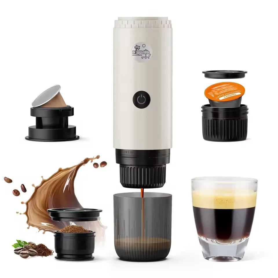 Portable cream-colored espresso maker for ground coffee and capsules with a travel cup and coffee extraction splash.