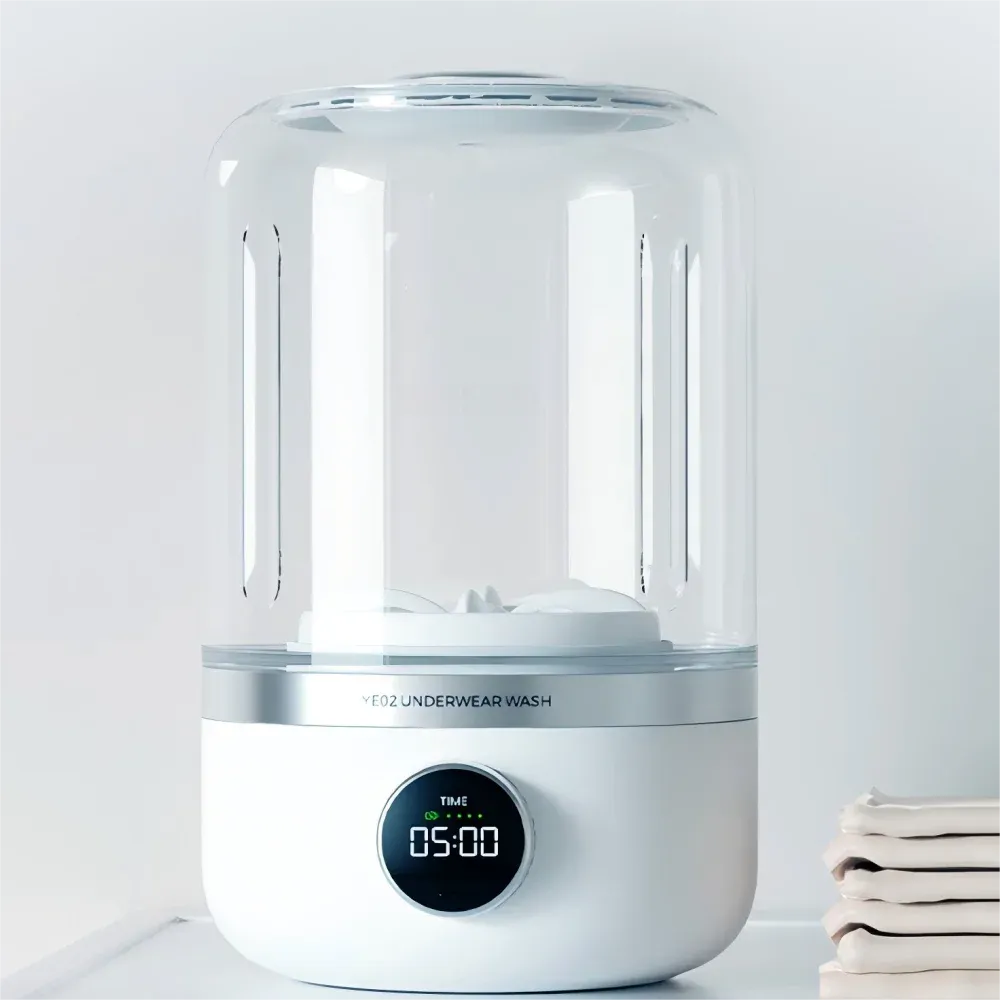 Underwear washing machine with clear dome, white base, and digital timer display for gentle daily laundry.
