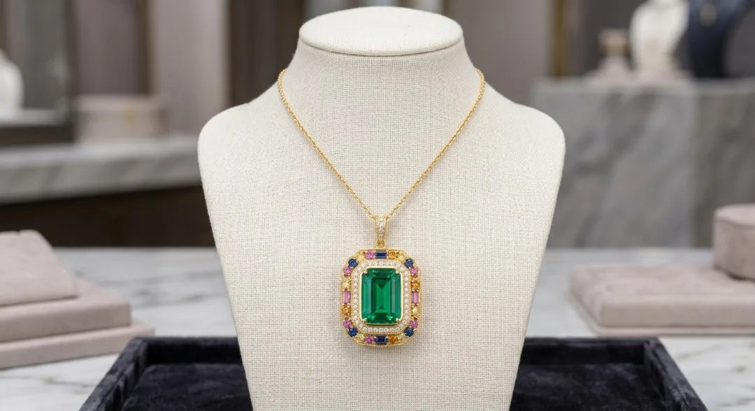 Italian Style Orthodox Emerald Cut 925 Sterling Silver Engagement Gift Luxury Party Wear 18K Gold Plated Pendant Necklace