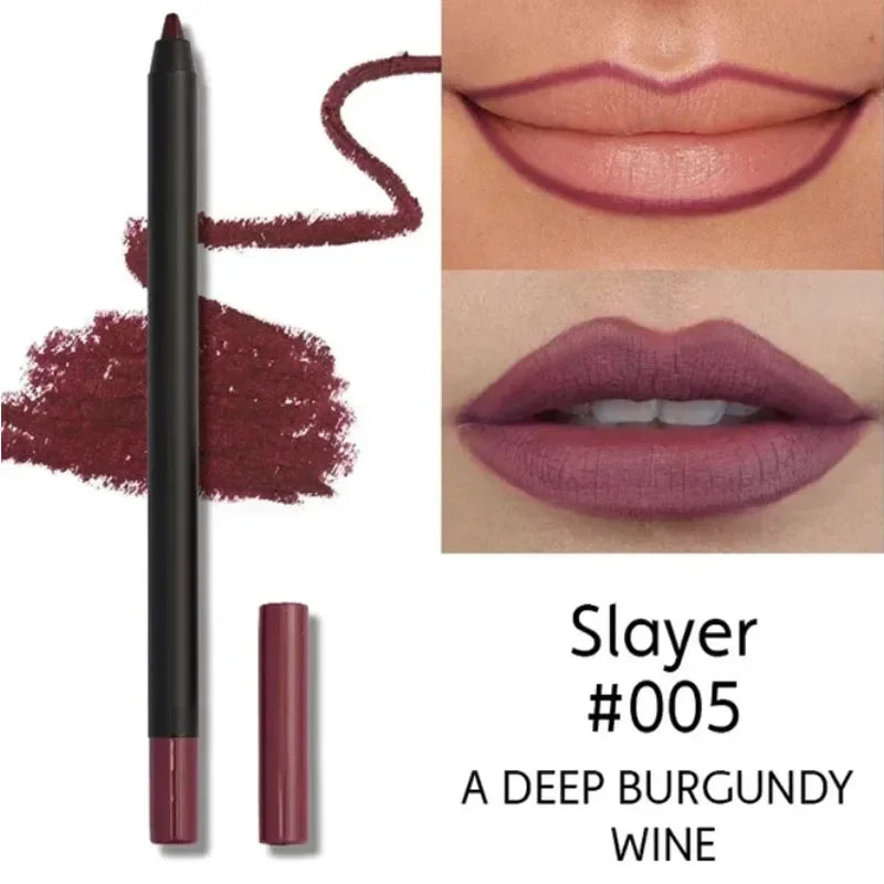 Long-lasting, waterproof deep burgundy wine matte lip liner pencil for smooth, smudge-proof lip definition.