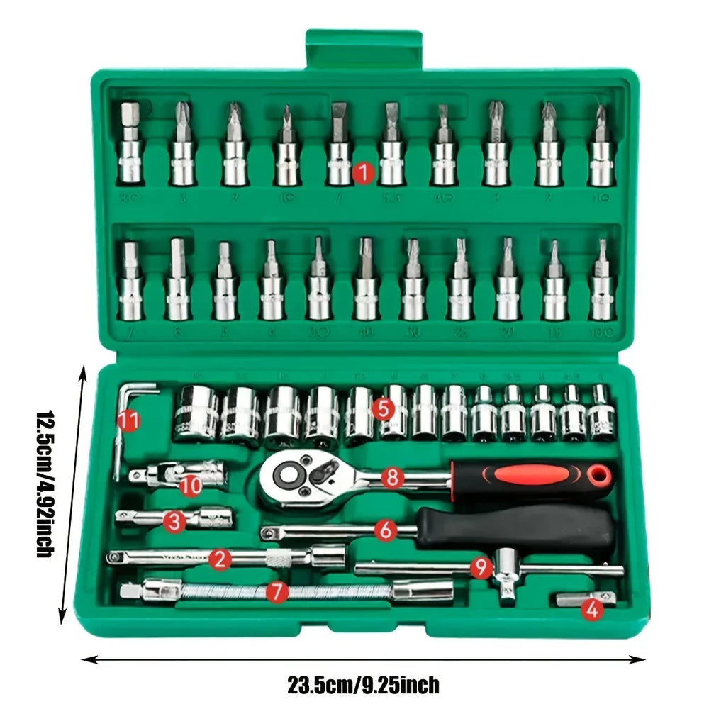 For Hous Auto Repair 46pc Drive Socket Set 1/4 inch Ratchet Wrench Set with Sockets Metric Hex Bit Socket Set Mechanic Tool Kits