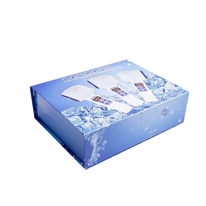 Box packaging for a white, T-shaped hot/cold face massager, featuring blue ice and water graphics.