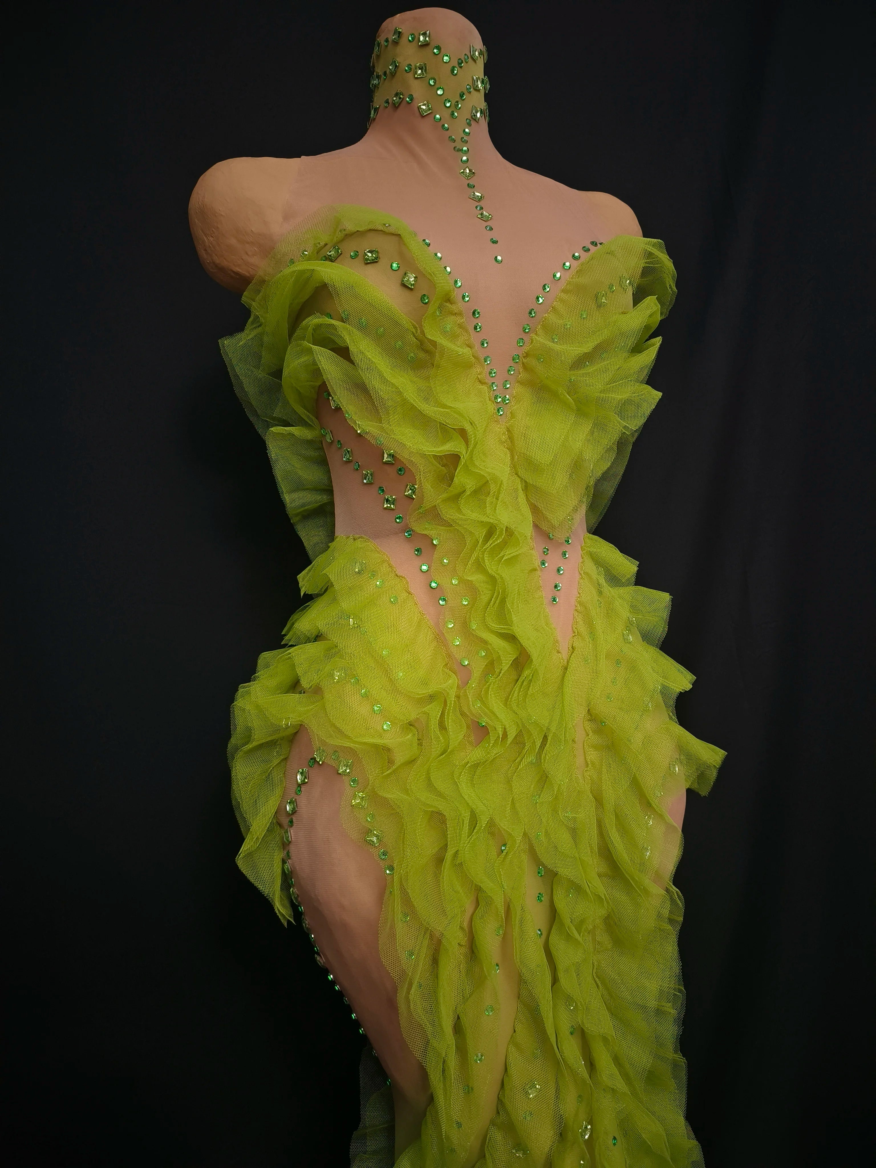 Elegant Sparkly Green Rhinestones Mesh Sheer Ruffle Maxi Dress Celebrate Eveing Birthday Party Nightclub Red Carpet Stage Wear