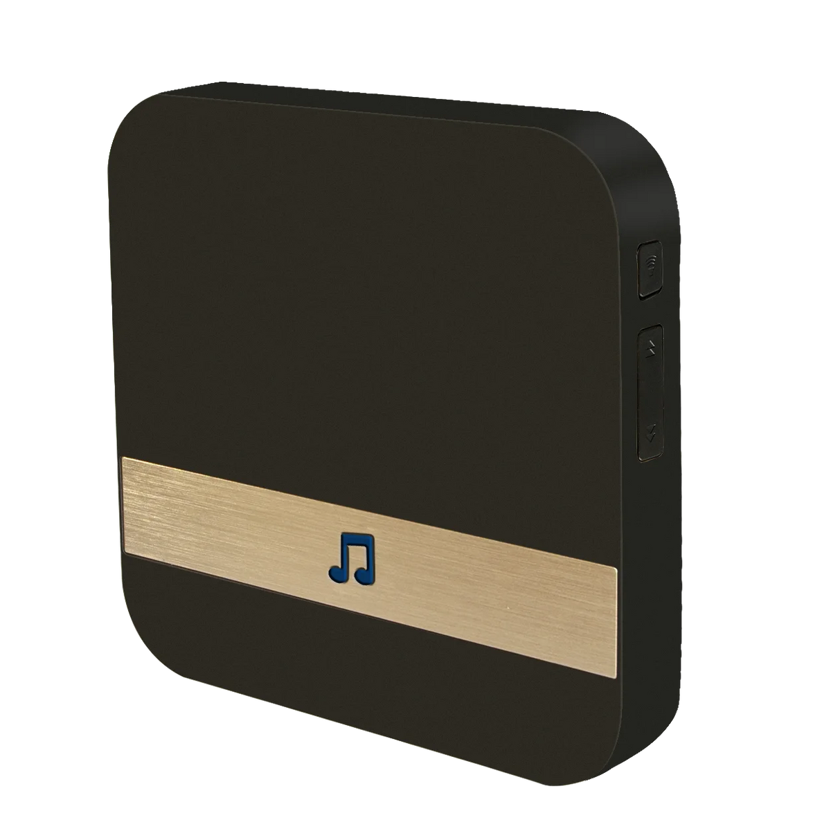 Black wireless doorbell chime receiver with music icon and side buttons